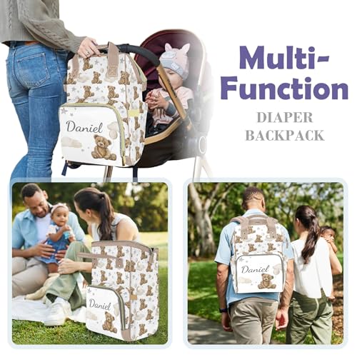 Bear Custom Name Diaper Bag Large Khaki and Brown Monogram Diaper Bag Nappy Backpack for Boys, Large Storage Adjustable Mom Bags Backpack (Bear) - color: Bear