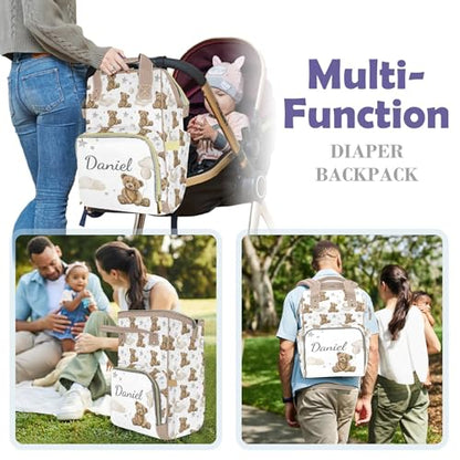 Bear Custom Name Diaper Bag Large Khaki and Brown Monogram Diaper Bag Nappy Backpack for Boys, Large Storage Adjustable Mom Bags Backpack (Bear) - color: Bear