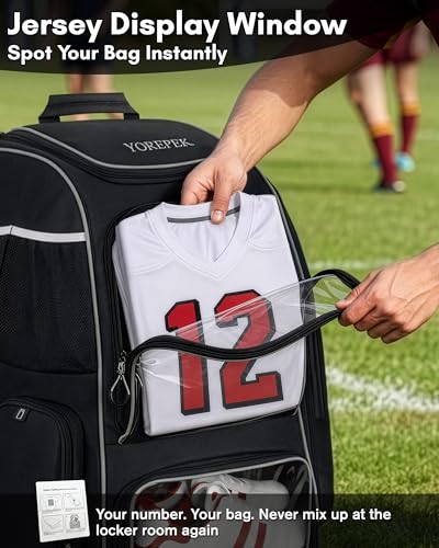 YOREPEK Football Bag Backpack, Extra Large Football Gear Bag with Helmet & Shoulder Pads Holder, Jersey Display Window, Ventilated Shoe Compartment, Football Equipment Bag for Boys Youth Adults