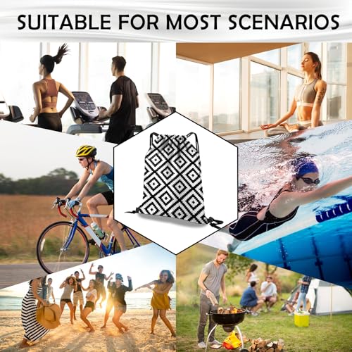 Drawstring Backpack Draw String Bag Waterproof for Sports Gym Beach Travel Cute Aesthetic Sackpack Men Women (13"×17")-Black Rhombus - color: S-20-black