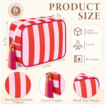 Kacctyen 6 Pack Tomato Red and Light Pink Striped Makeup Bag bulk with Tassel Travel Cosmetic Pouch Organizer Large Zipper Toiletry Case for Women Aesthetic Storage Pouch Mahjong Tile Bag - color: Tomato Red and Light Pink