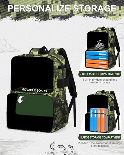 Fishing Backpack with Removable Bait Binder, Large Water Resistant Tackle Bag Storage Gear and Equipment for Fishing, Camping, Hiking, Green - color: Green Camo - Detachable