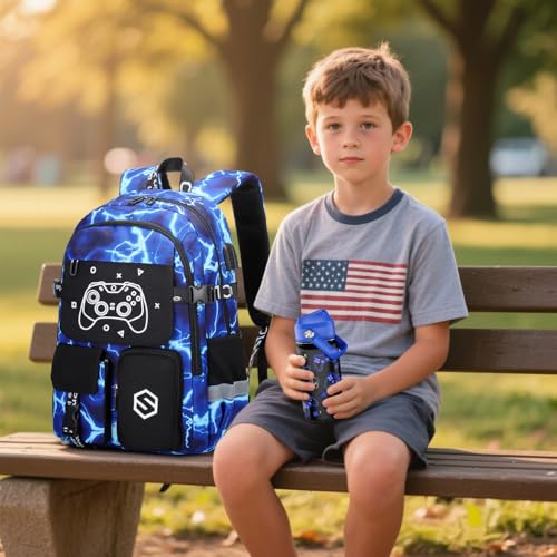 Scothen Boys Backpack, Cool Luminous Gamer School Backpacks for Boys with 14oz Insulated Water Bottle Lunch Bag Pencil Case, Kids Backpack Book Bags for Kindergarten Elementary Middle School - color: Lightning-blue