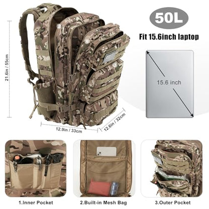Military Tactical Backpack 50L Large Day Backpack for Men Molle Army 3 Days Assault Pack Bug Out Bag Water Resistant and Heavy Duty Hiking Treeking Rucksack - Camouflage - color: Camouflage, size: 50L