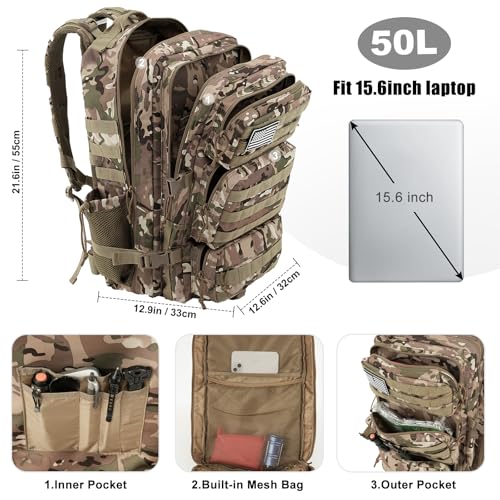 Military Tactical Backpack 50L Large Day Backpack for Men Molle Army 3 Days Assault Pack Bug Out Bag Water Resistant and Heavy Duty Hiking Treeking Rucksack - Camouflage - color: Camouflage, size: 50L