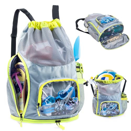 Mesh Drawstring Backpack with Shoe Compartment, Sandproof Beach Swim Bag with Wet Pocket, Pool Gym Shower Bag for Travel Summer Camp - color: Grey, style: Style a