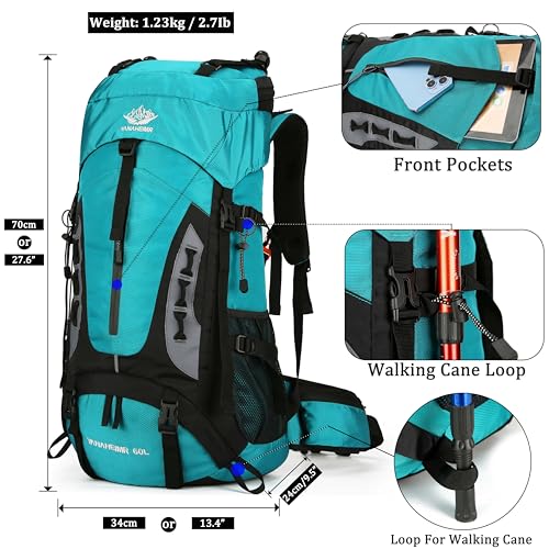 YFREAL 60L Travel Hiking Camping Backpack with Rain Cover,Backpack Water Resistant,Climbing Backpack for Men Women (LIGHT BLUE) - color: Light Blue
