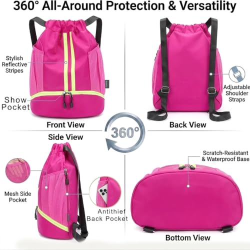 Drawstring Backpack with Shoe Compartment,Water Resistant Sports Gym Bag,String Bag for Men Women,Soccer,Basketball - color: Rose