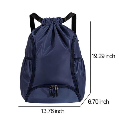 Drawstring Backpack Gym Bag with Dual Front Zipper Pockets & Expandable Side Pockets, Adjustable Shoulder Straps for Soccer, Basketball, Swim, Gym Commute Travel, Blue