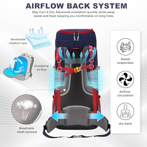 Bseash 65L Waterproof Hiking Camping Backpack with Rain Cover, Outdoor Sport Travel Daypack for Climbing Touring (Navy Blue) - color: Navy Blue