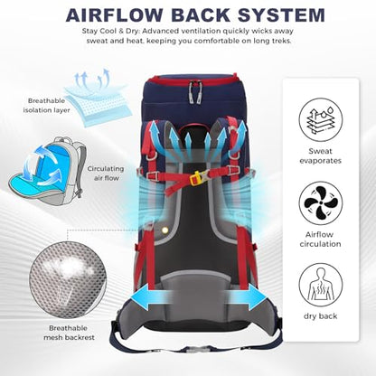 Bseash 65L Waterproof Hiking Camping Backpack with Rain Cover, Outdoor Sport Travel Daypack for Climbing Touring (Navy Blue) - color: Navy Blue