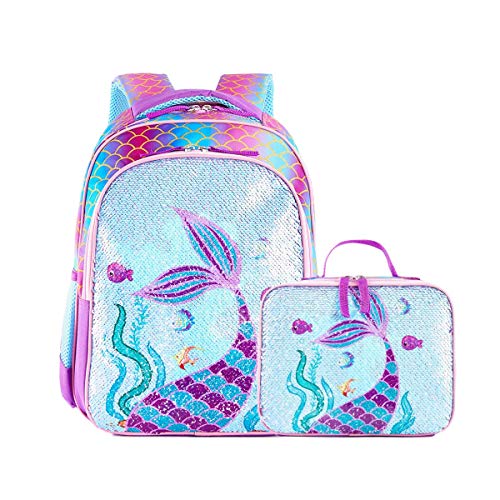 Reversible Sequin School Backpack Lightweight Little Kid Book Bag with Lunch Bag Set for Preschool Kindergarten Elementary(17", Mermaid with Lunch Bag) - size: 17"