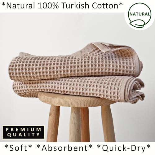 PÜSKÜL Natural 100% Turkish Cotton Waffle Bath Towels Set of 2-Piece | 32x63 inch Extra Large Absorbent Quick-Dry Lightweight Spa Towel | Luxury Sauna Accessories (Beige Bath Towels - Pack of 2) - color: Beige