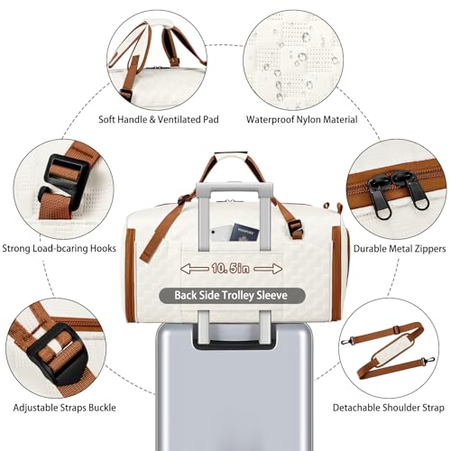 Convertible Garment Bags for Travel - Carry on Garment Duffle Bag with Backpack Straps for Men Women, 4 in 1 Large Travel Duffel Bags with Shoes Compartment Hanging Suit Dress Weekender Bag 3pcs Set - color: B-Off White