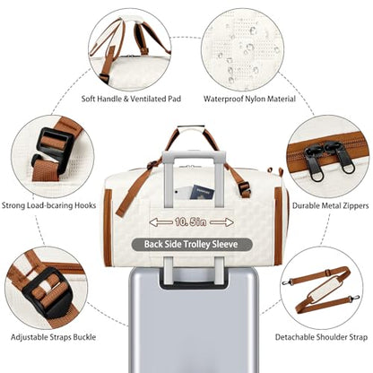 Convertible Garment Bags for Travel - Carry on Garment Duffle Bag with Backpack Straps for Men Women, 4 in 1 Large Travel Duffel Bags with Shoes Compartment Hanging Suit Dress Weekender Bag 3pcs Set - color: B-Off White