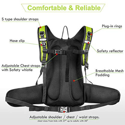 Mothybot Insulated Hydration Backpack Pack with 3L BPA Free Leak Proof Water Bladder, Large Storage Lightweight Hiking Daypack with Waist Pouches & Cooler Layer, for Running, Biking, Camping, Festival - color: Green