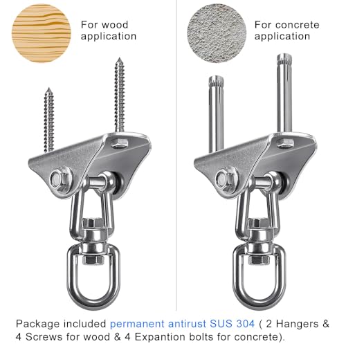 SELEWARE Stainless Steel Swing Hangers Heavy Duty Ceiling Swing Mounts Free Swivel Swing Hooks Swing Hardware Kits for Yoga Swing Hammock Chair Porch Swing Sets Heavy Bag 1000 LB Capacity Each 2 Pack - color: Silver2 - 360° Swing Hanger ( 2 Pack )