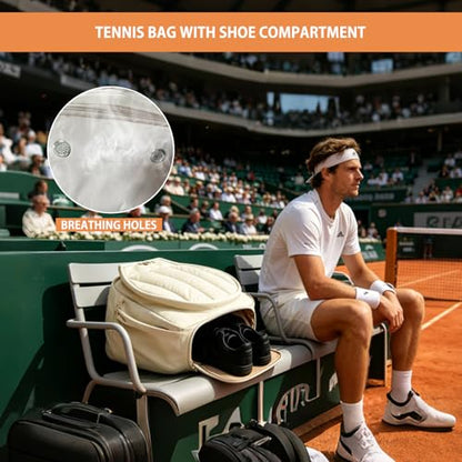BeGyoku Tennis Backpack,Tennis Bag with Shoe Compartment&Waterproof Pocket&Fence Hook,Tennis Racket Bag Holds 2 Rackets,Large Tennis Bags for Women Men,Gym Sports Bag for Teennis Pickleball Badminton - color: Beige