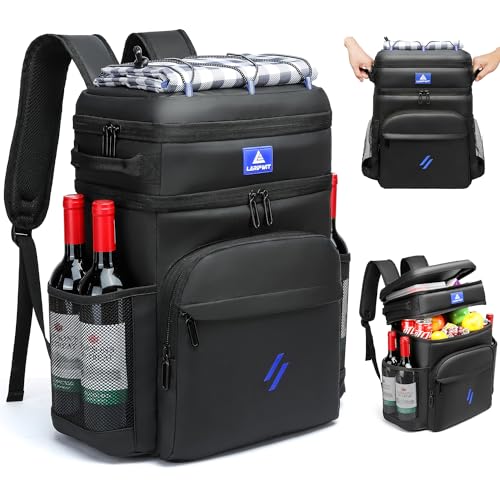 Laripwit Picnic Backpack Cooler Bag - 54 Cans Black Cooler Backpack Insulated Leak-Proof Lunch Backpack with Cooler Compartment Large Double Deck Soft Cooler Bag for Beach,Camping,Travel - color: Black-with Stretchy Strap