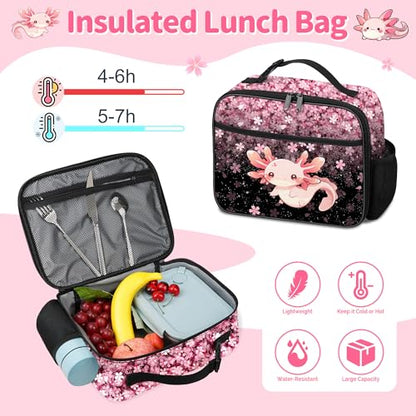 Axolotl Backpack for Girls, Girls Backpacks with Lunch Box and Pencil Case for School, Kids Axolotl Bookbag - color: Axolotl