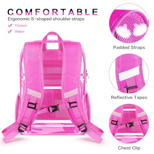 Clear Backpack Heavy Duty Large Transparent Backpack with Reinforced Bottom Multi-pockets for College, Travel, Workplace Security - Pink - color: Pink