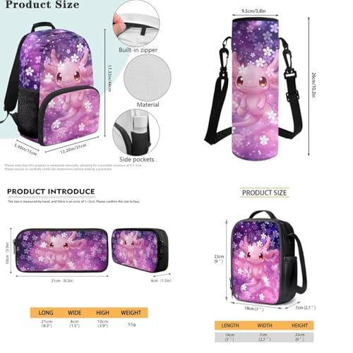 JEOCODY Axolotl Girls School Bag with Lunch Bag Pencil Case and Water Bottle Holder 4 PCS Backpack Accessories School Daypack Travel Bag Satchel Bagpack - color: Cherry Blossom Axolotl Printed