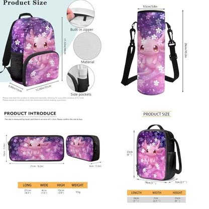 JEOCODY Axolotl Girls School Bag with Lunch Bag Pencil Case and Water Bottle Holder 4 PCS Backpack Accessories School Daypack Travel Bag Satchel Bagpack - color: Cherry Blossom Axolotl Printed