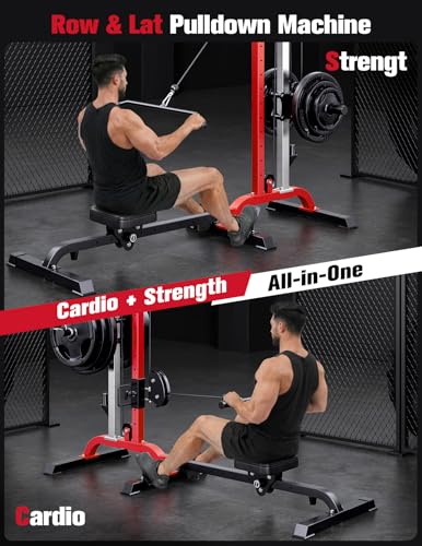 YOLEO 2-in-1 Adjustable Rowing Cable Machine & LAT Pulldown Station for Home Gym, Foldable Space Saver with 6 Attachments, Supports 450 Lbs Weight Plates