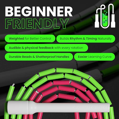 Beaded Jump Rope – Adjustable 10ft Skipping Rope for Women, Men & Kids, Beginner Friendly with Durable Weighted Beads, Shatterproof Handles, Tangle-Free for Cardio, Fitness, Freestyle & Home Workout - color: Neon Green & Neon Pink