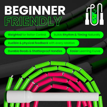 Beaded Jump Rope – Adjustable 10ft Skipping Rope for Women, Men & Kids, Beginner Friendly with Durable Weighted Beads, Shatterproof Handles, Tangle-Free for Cardio, Fitness, Freestyle & Home Workout - color: Neon Green & Neon Pink