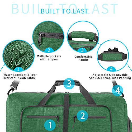Vomgomfom 65L/85L/115L Foldable Travel Duffle Bag, Lightweight Checked Luggage with Shoe Compartment, Water-Resistant Weekender Overnight Bag for Men & Women - color: E Deep Green, size: 65L