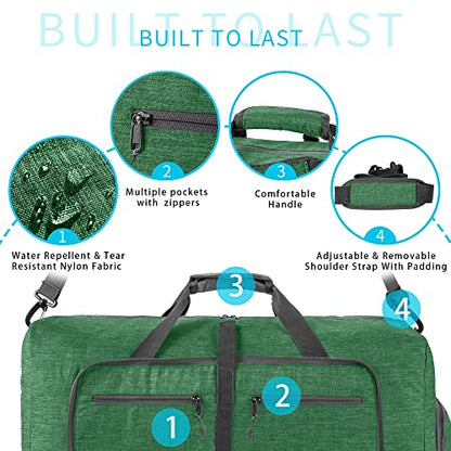 Vomgomfom 65L/85L/115L Foldable Travel Duffle Bag, Lightweight Checked Luggage with Shoe Compartment, Water-Resistant Weekender Overnight Bag for Men & Women - color: E Deep Green, size: 65L