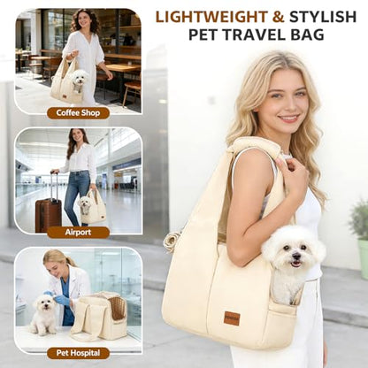 Dog Purse Carrier for Small Dogs and Cats, Soft-Sided Pet Tote Bag with 6 Large Pockets, Collapsible Travel Puppy Carrier, Fits Pets up to 13 lbs (Beige, 15.7" L x 8" W x 11.8" H) - color: Beige, size: 15.7"L x 8.0"W x 11.8"H
