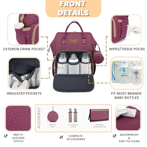 ROSEGIN Diaper Bag Backpack with Changing Pad, Pacifier Case, Baby Bag for Boy Girl Toddler - Large, Stylish, Waterproof Travel Quilted Diaper Bag for Mom - Baby Shower - Purple - color: Purple