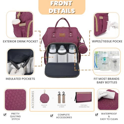 ROSEGIN Diaper Bag Backpack with Changing Pad, Pacifier Case, Baby Bag for Boy Girl Toddler - Large, Stylish, Waterproof Travel Quilted Diaper Bag for Mom - Baby Shower - Purple - color: Purple
