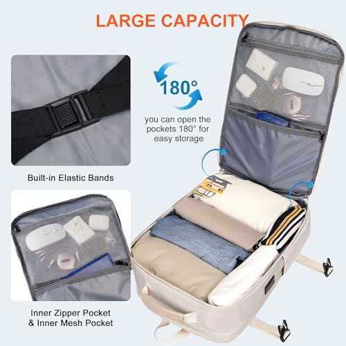 PIJUSHI Travel Backpack for Women Expandable Carry on Luggage Backpack Airline Approved TSA 16" Laptop Bag Business with USB Port(PE034 Beige) - color: Beige