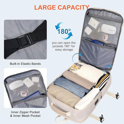PIJUSHI Travel Backpack for Women Expandable Carry on Luggage Backpack Airline Approved TSA 16" Laptop Bag Business with USB Port(PE034 Beige) - color: Beige