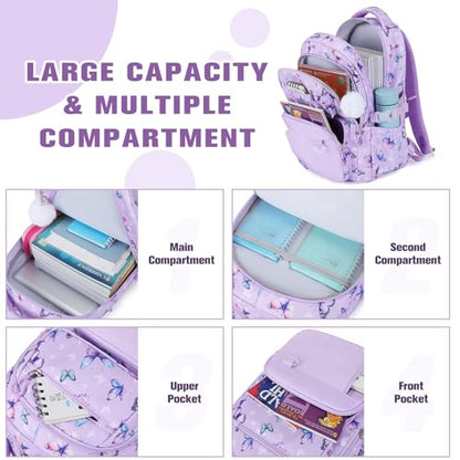 Bevalsa Backpack for Girls 3PCS Teen Girls Backpack for School with Lunch Bag Pencil Case Purple Cute Kids Laptop Backpacks Bookbag for Elementary Middle High School College Student (Butterfly) - color: Purple Butterfly