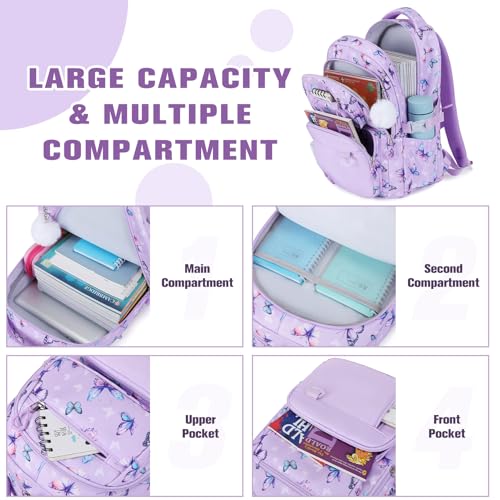 Bevalsa Backpack for Girls, School Bookbag Teen Girls Backpack Set with Bento Lunch Box, Insulated Bag & Pencial Case, 43oz Lunch Containers for Kids Elementary Middle Student (Purple Butterfly) - color: Purple Butterfly