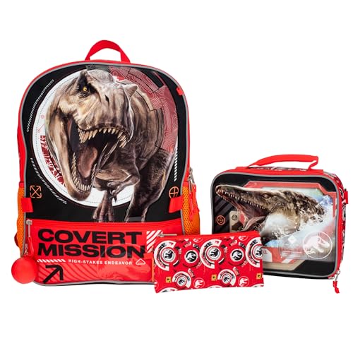 AI ACCESSORY INNOVATIONS Jurassic World 5 PC Backpack Set, Girls & Boys Big Face School Bag 16” with Front Zip Pocket - color: Jurassic