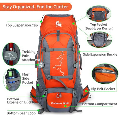80L Hiking Backpack,Waterproof Lightweight Trekking Bag with Air Cushion Straps, Suitable for People Who are 5 feet 5 inches or taller for Mountaineering/Camping/Travel (lake blue,80L) - color: Lake Blue