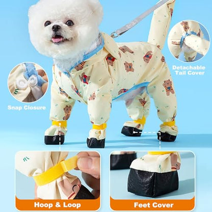 Junchl Small Dog Raincoat Rainboots with D-Ring, Full Coverage Dog Rain Jacket Slicker Poncho, Waterproof Dog Rain Jacket with Reflective Strip, Rainboot, Tail Cover Yellow Bear S - color: Yellow Bear, size: S:Back 10"(3-5lb)