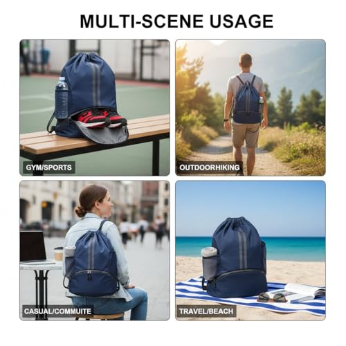 Drawstring Backpack Gym Bag with Shoes Compartment, Water‑Resistant String Backpack, Dry‑Wet Separation Cinch Sack for Soccer Basketball Swim Beach Sports for Women Men-Blue - color: Blue