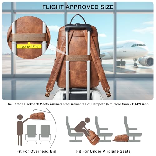 Vegan Leather Backpack for Women and Men, Fits 16.0 Inch Laptop, Multi-Pocket Design with Water Bottle and Luggage Strap, Ideal for Work, Travel, and Daily Use, Brown - color: 1-1 Brown