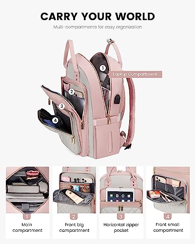 LOVEVOOK Laptop Backpack, D-Pink-Grey, 15.6in Laptop Compartment, 26L Capacity, 18 Pockets, Ergonomic Shoulder Straps, USB Charging Port - color: D-pink-grey, size: 15.6-Inch