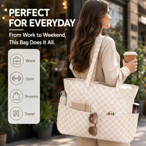 LEDAOU Beach Bag Waterproof Sandproof Women Beach Tote Pool Bag with Zipper for Swim Gym Grocery Travel with Wet Pocket | Sandproof - color: Light Khaki White Checkered