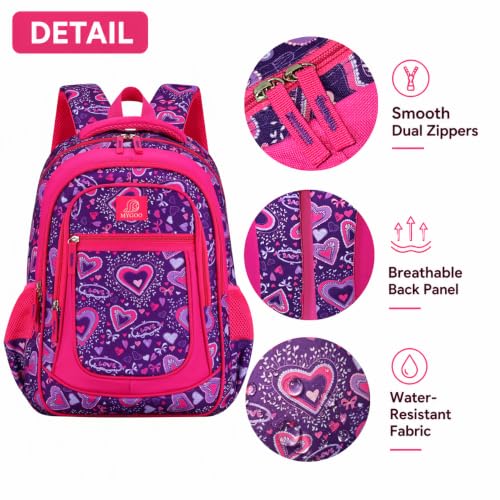 MYGOO Girls School Backpack Vineyard Heart Purple Bookbag for Elementary Middle School Ages 5-12, 17 inch Large Capacity 24L Kids Student Travel Bags - color: Vineyard Heart Purple