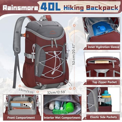 RAINSMORE Foldable Hiking Backpack for Women Men Packable Camping Backpack 40L Waterproof Hiking Daypack Bag Lightweight Collapsible Daypack for Travel Trekking Mountaineering Large Capacity Red - color: Dark Red and Grey
