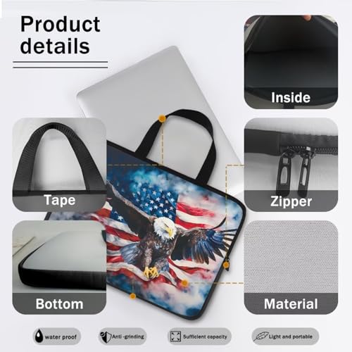American Flag Eagle 10 Inch Laptop Sleeve Patriotic Computer Bag with Handle, Waterproof Handbag Zipper Tablet Cover Laptop Tote Bag Carrying Case for Office School 4th of July - color: American Flag Eagle, size: 10 Inch