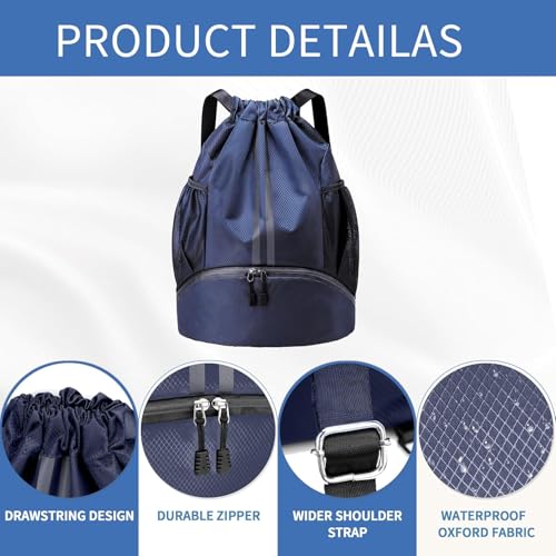 Drawstring Backpack Gym Bag with Shoe Compartment - Ideal for Basketball, Swimming, Beach Activities, Unisex - color: Navy Blue